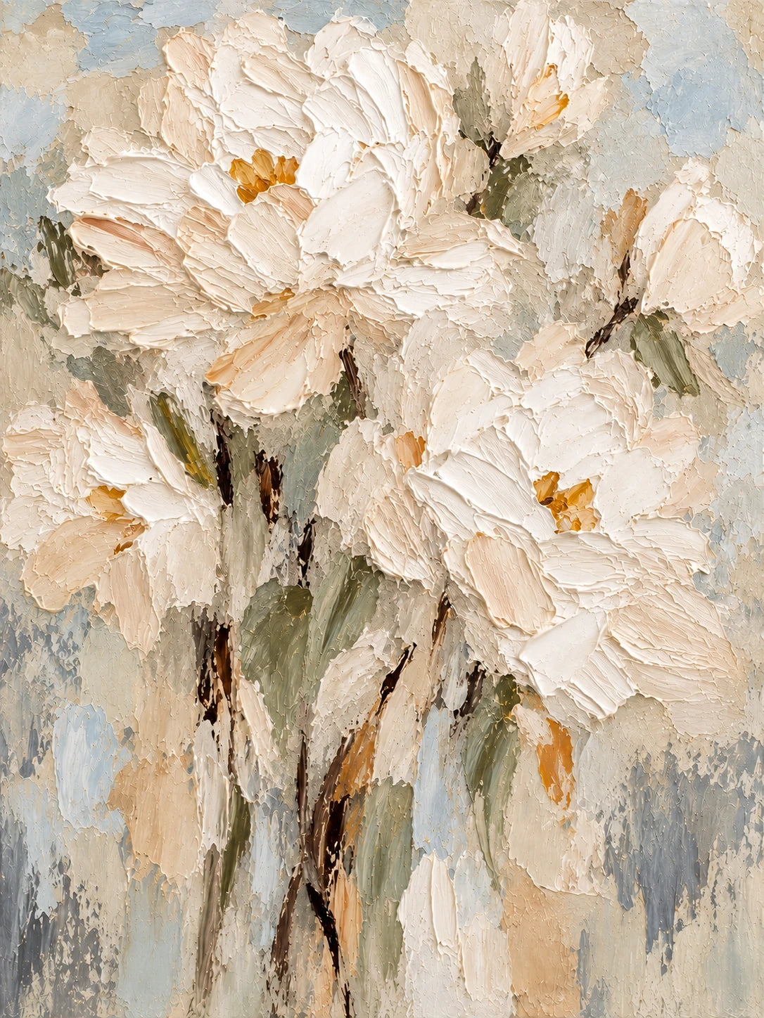 Ivory Petalglow full artwork. Soft white blossoms and warm yellow centers rise through pale blue and cream brushstrokes, with slender stems below.