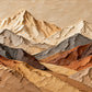 Alpine Terraces full artwork. Sculpted mountain ridges in ivory, charcoal, and warm terracotta overlap beneath a pale sky.