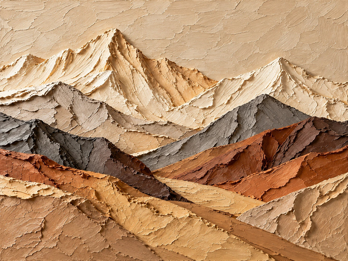 Alpine Terraces full artwork. Sculpted mountain ridges in ivory, charcoal, and warm terracotta overlap beneath a pale sky.