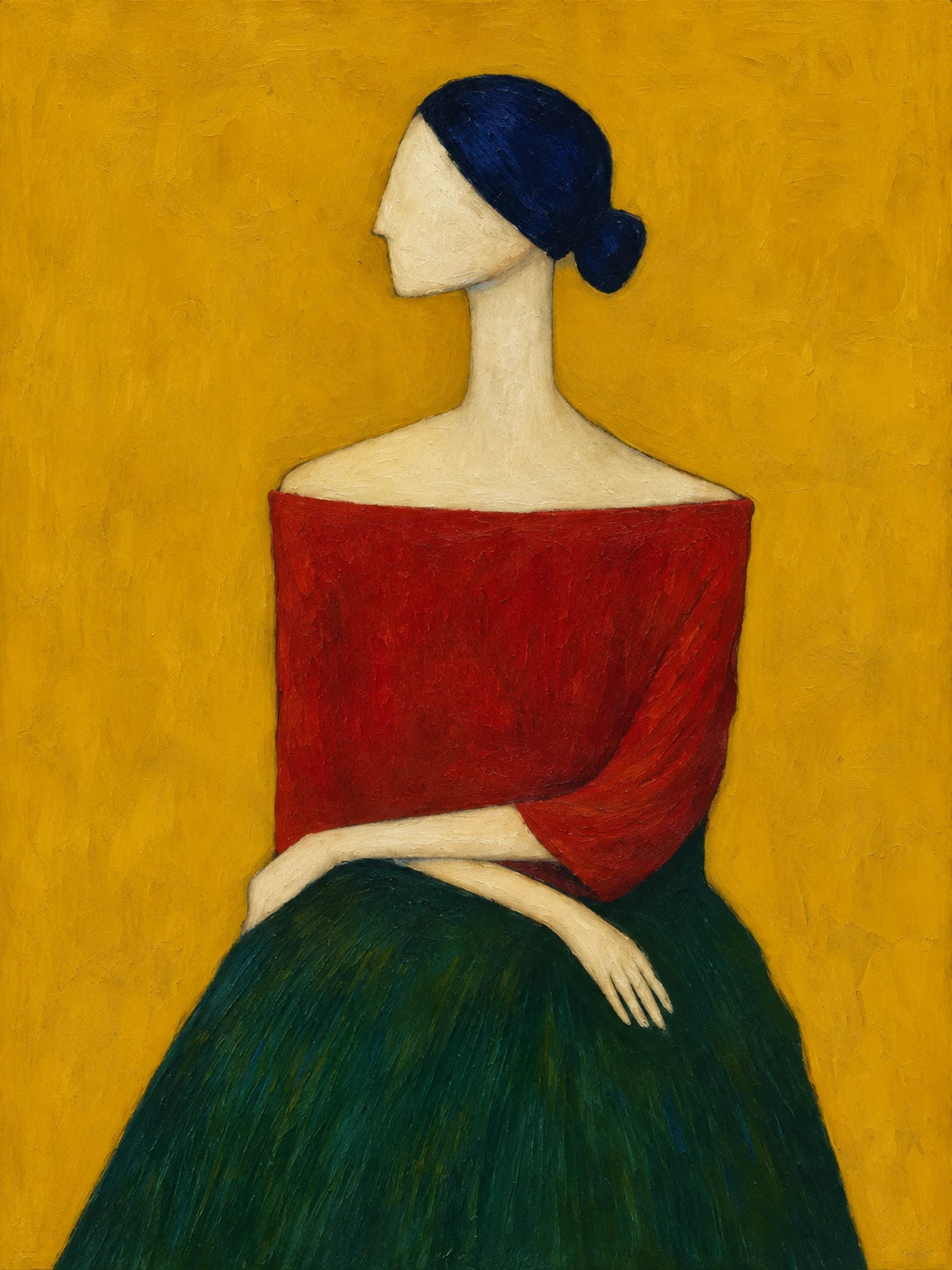 Ochre Reverie full artwork. A seated woman with dark blue hair wears a red blouse and deep green skirt against a golden ochre ground.