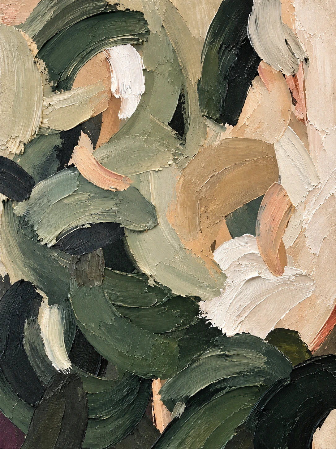 Sage Brushwork full artwork. Broad sage and deep green brushstrokes mingle with cream, peach, and warm tan in a layered abstract composition.