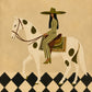 Checkered Rider full artwork. A rider in a striped outfit and wide hat sits on a spotted white horse above a bold black-and-cream diamond pattern.