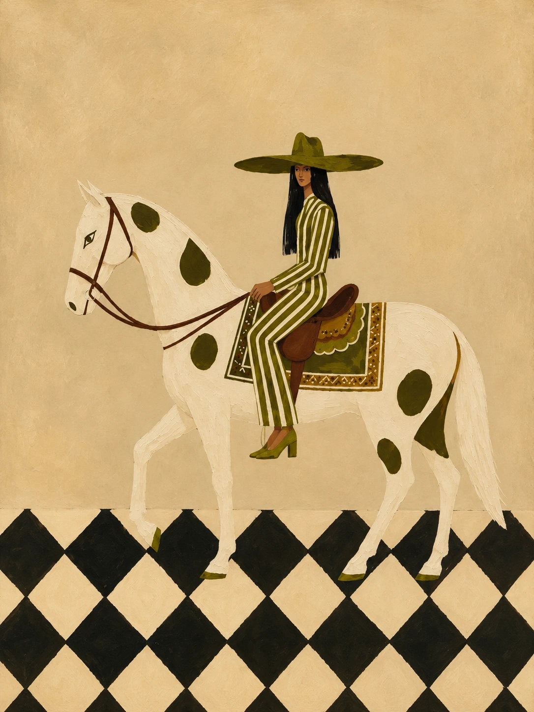 Checkered Rider full artwork. A rider in a striped outfit and wide hat sits on a spotted white horse above a bold black-and-cream diamond pattern.