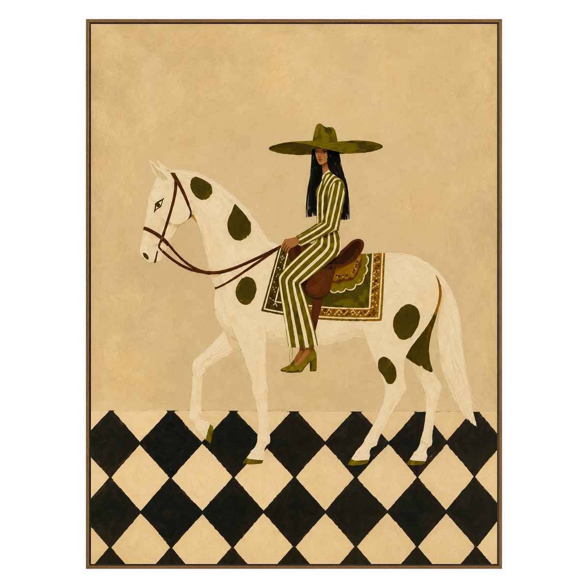 Checkered Rider artwork in a natural wood frame on a transparent background.
