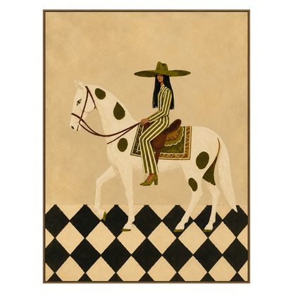 Checkered Rider artwork in a natural wood frame on a transparent background.