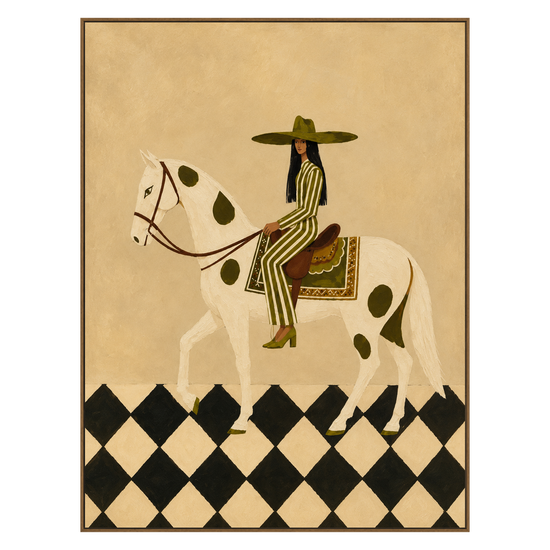 Checkered Rider artwork in a natural wood frame on a transparent background.