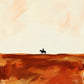 Rustland Rider full artwork. A tiny mounted rider crosses a rust-red landscape beneath a wide pale sky, with sweeping ochre and terracotta marks below.