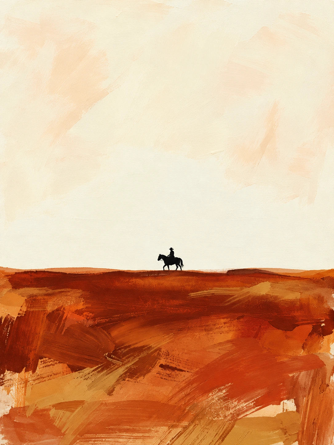 Rustland Rider full artwork. A tiny mounted rider crosses a rust-red landscape beneath a wide pale sky, with sweeping ochre and terracotta marks below.