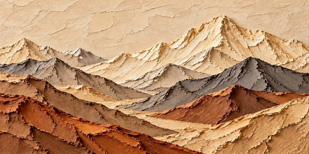 Alpine Expanse full artwork. Layered cream peaks and rust-colored foothills stretch across a panoramic mountain landscape with sculpted surface ridges.