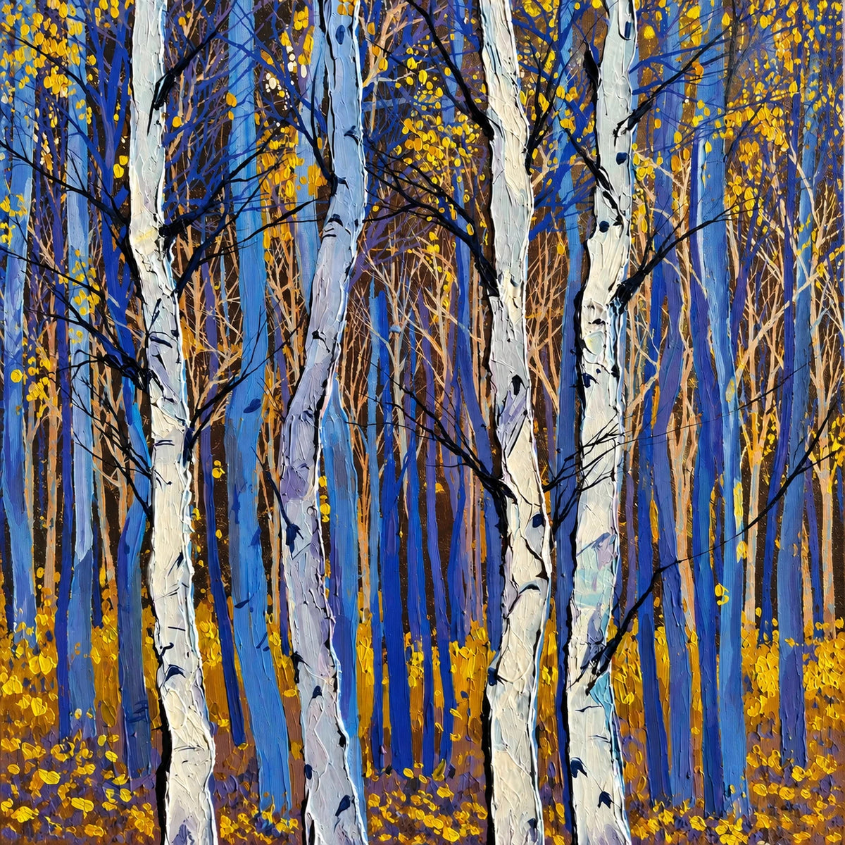 White birch trunks with dark branches and gold leaves against cobalt blue.