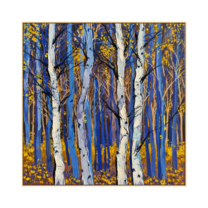 Cobalt Birches artwork in a gold frame on a transparent background.