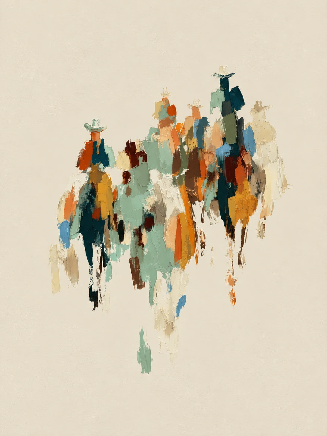 Rider Procession full artwork. A loose procession of mounted figures emerges from a cream ground in small strokes of teal, ochre, rust, and blue.