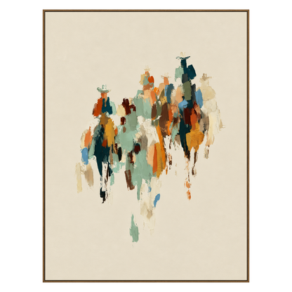 Rider Procession artwork in a natural wood frame on a transparent background.