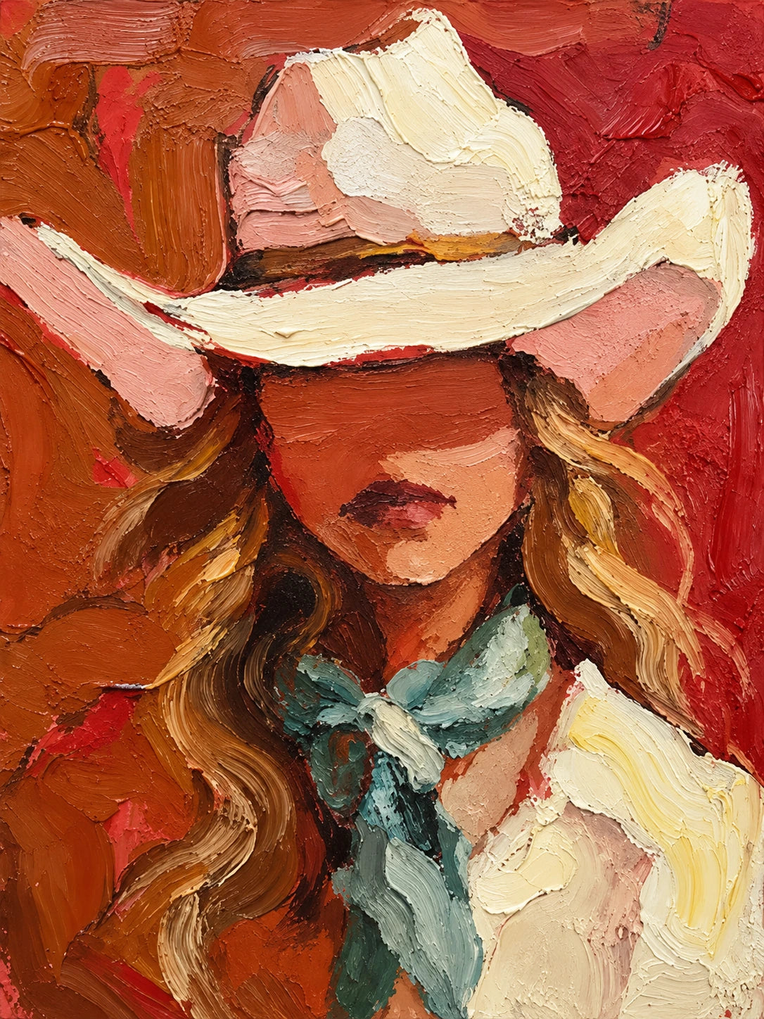 Coral Cowgirl full artwork. A cowgirl with flowing golden hair and a turquoise scarf looks out beneath a broad pale hat against a warm red ground.