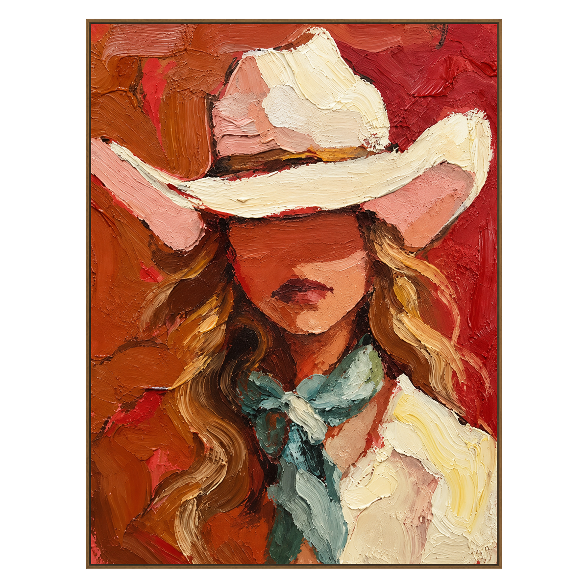 Coral Cowgirl artwork in a natural wood frame on a transparent background.
