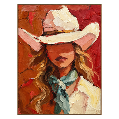 Coral Cowgirl artwork in a natural wood frame on a transparent background.