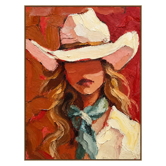 Coral Cowgirl artwork in a natural wood frame on a transparent background.