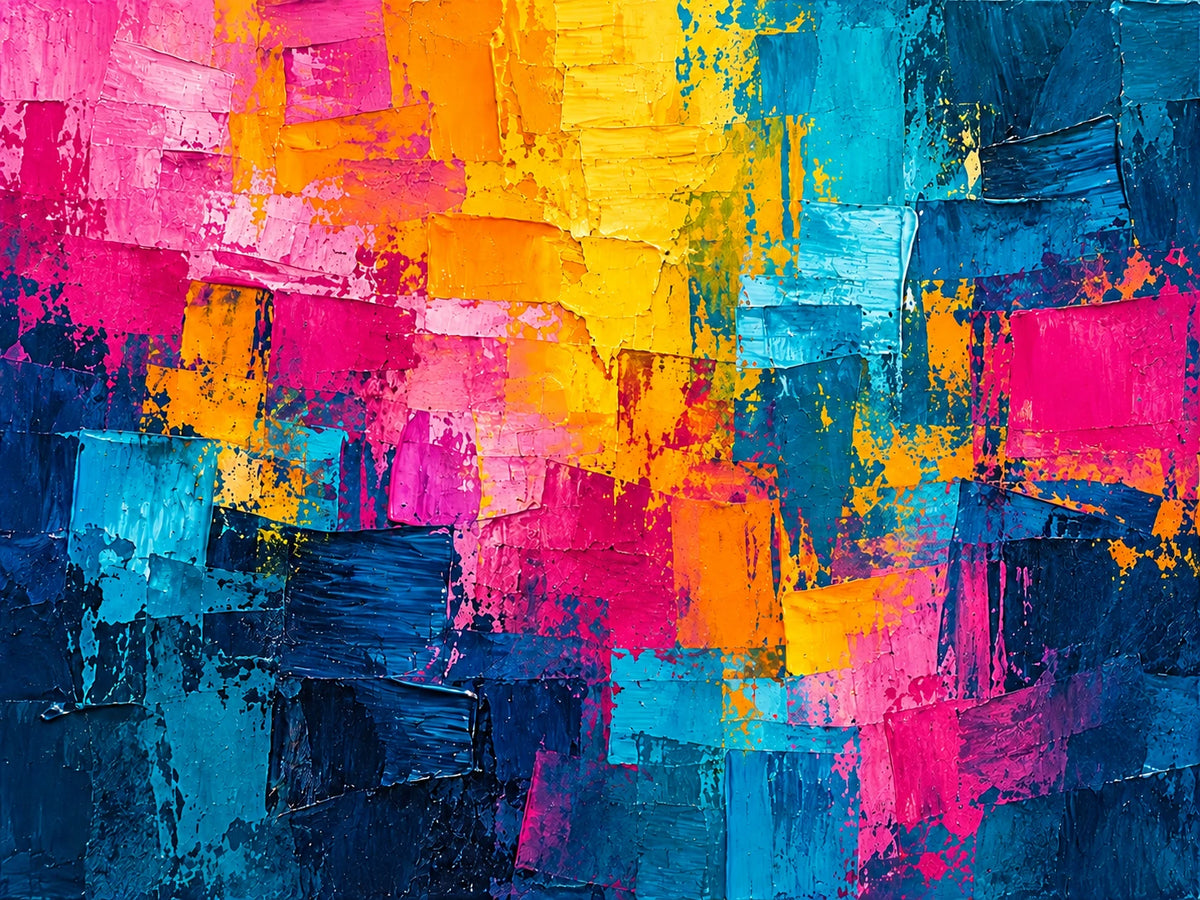 Chromatic Rhythm full artwork. Vivid pink, yellow, turquoise, and deep blue blocks overlap in a lively abstract arrangement of textured color.
