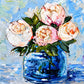 Cobalt Bouquet full artwork. Pale pink and ivory blooms gather in a cobalt glass vase, surrounded by bright blue and white painterly strokes.