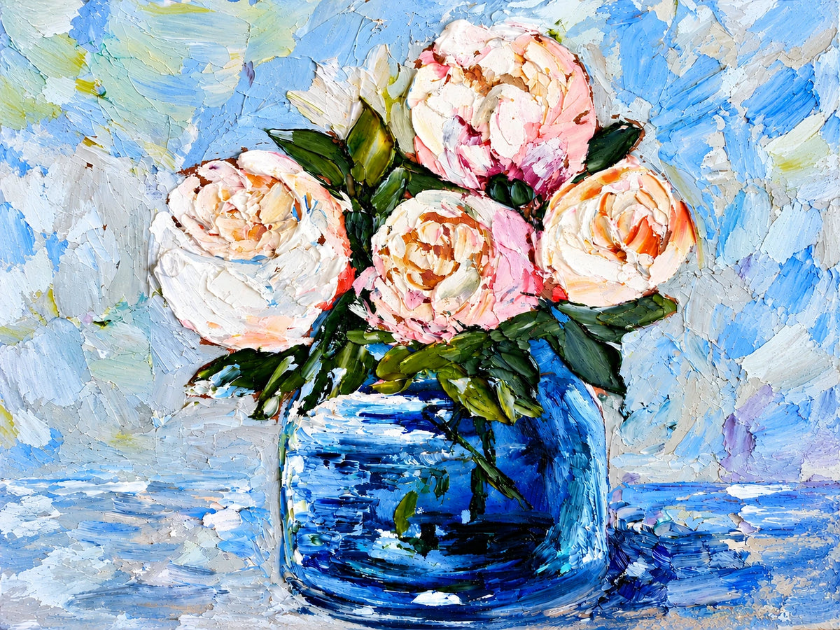 Cobalt Bouquet full artwork. Pale pink and ivory blooms gather in a cobalt glass vase, surrounded by bright blue and white painterly strokes.