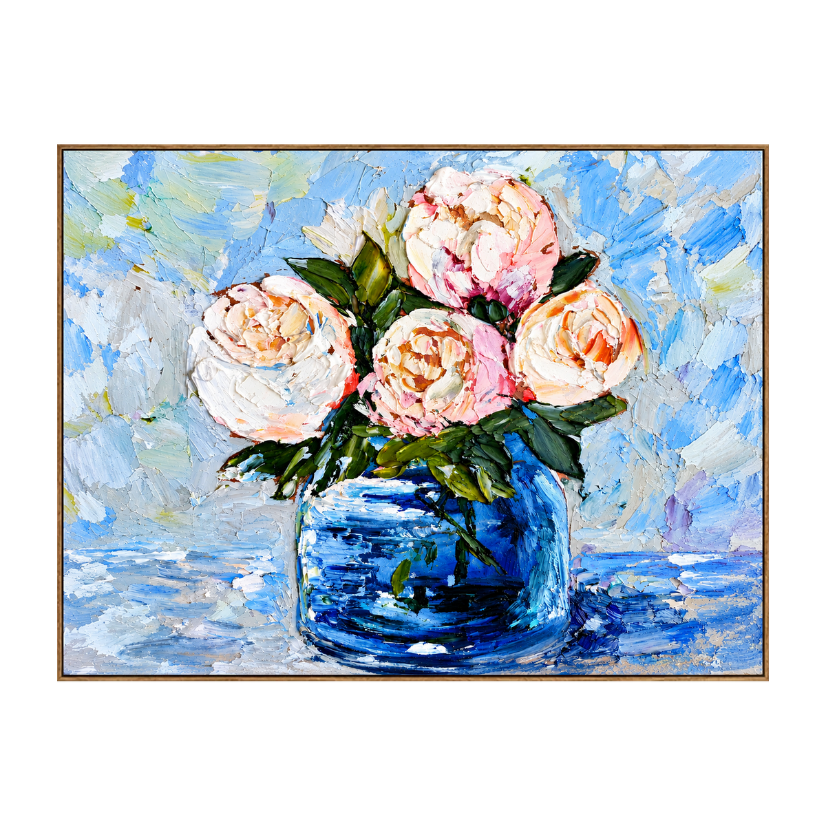 Cobalt Bouquet artwork in a natural wood frame on a transparent background.