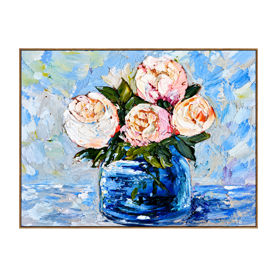 Cobalt Bouquet artwork in a natural wood frame on a transparent background.