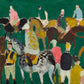 Painted Cavalcade full artwork. A colorful gathering of horses and riders fills a deep green ground with loose patches of white, pink, ochre, and turquoise.