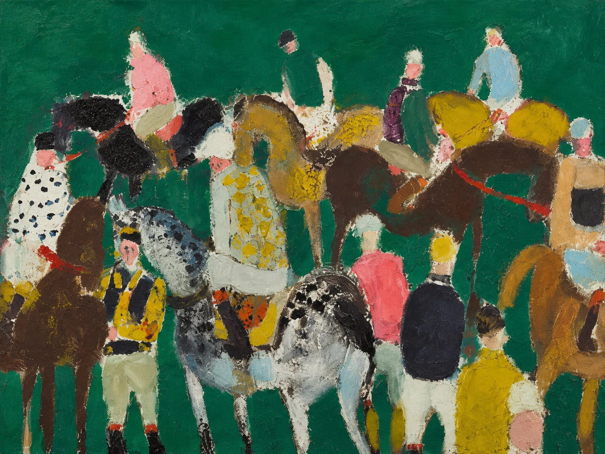 Painted Cavalcade full artwork. A colorful gathering of horses and riders fills a deep green ground with loose patches of white, pink, ochre, and turquoise.