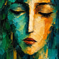 Gilded Serenity full artwork. A serene face with closed eyes emerges from layered emerald, teal, and golden brushstrokes.