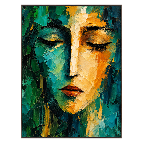 Gilded Serenity artwork in a dark brown wood frame on a transparent background.