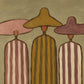 Sombrero Trio full artwork. Three stylized figures in striped clothing wear broad pink, ochre, and mauve hats against a muted olive ground.