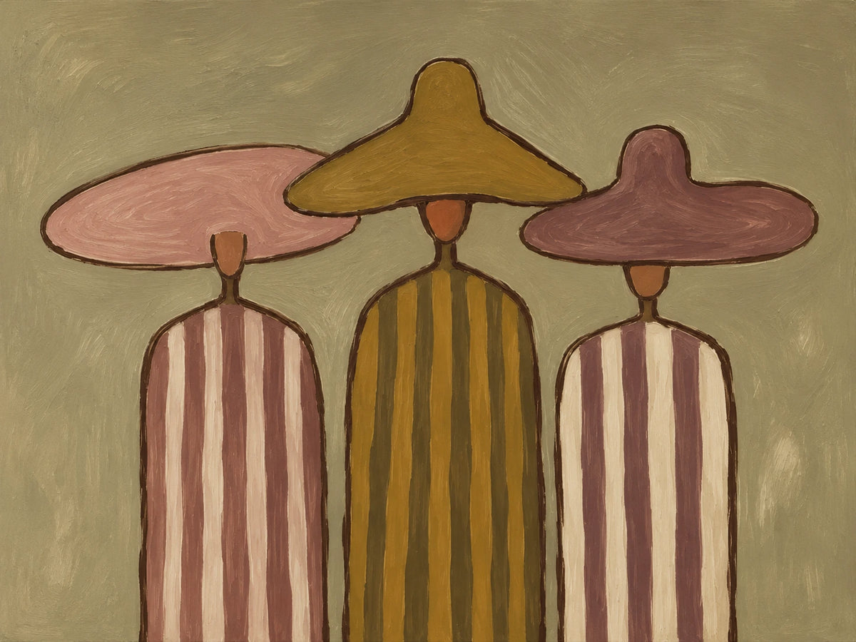 Sombrero Trio full artwork. Three stylized figures in striped clothing wear broad pink, ochre, and mauve hats against a muted olive ground.