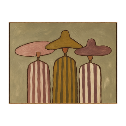 Sombrero Trio artwork in a natural wood frame on a transparent background.