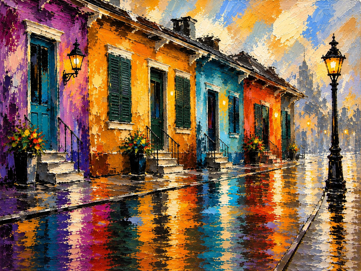 Rainwashed Colors full artwork. A row of brightly painted houses reflects across a rain-wet street, with a glowing lamp beneath a luminous sky.