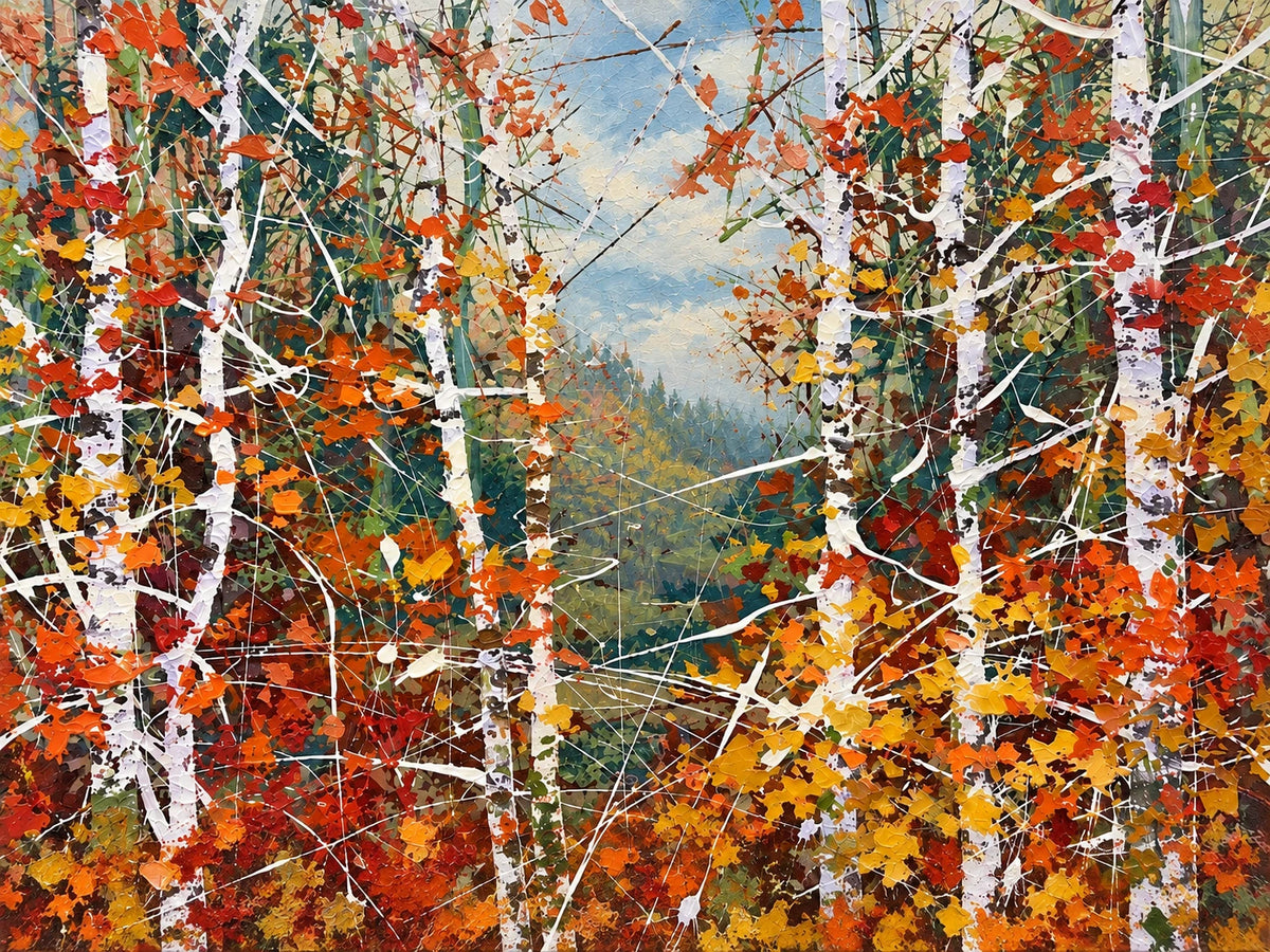 Autumn Birchlight full artwork. White birch trunks weave through orange and red foliage, opening toward a softly lit woodland distance.