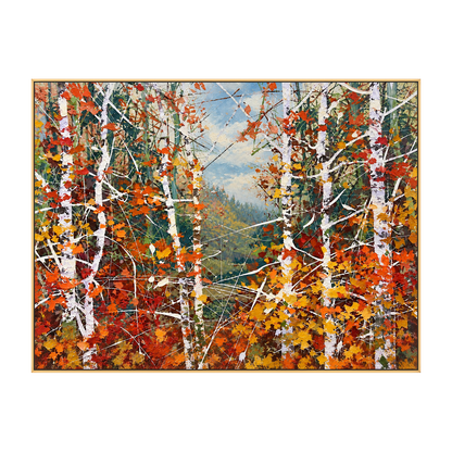 Autumn Birchlight artwork in a gold frame on a transparent background.