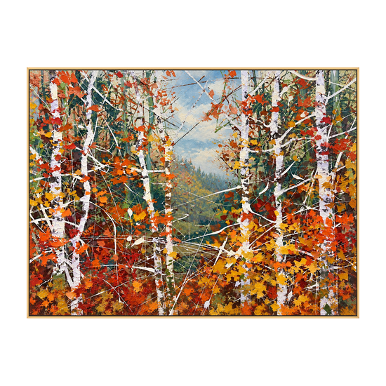Autumn Birchlight artwork in a gold frame on a transparent background.