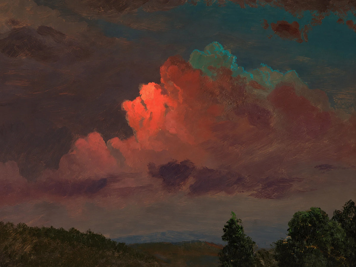 Crimson Cloudbank full artwork. A luminous crimson cloud rises above a dark treeline beneath a deep teal and brown evening sky.