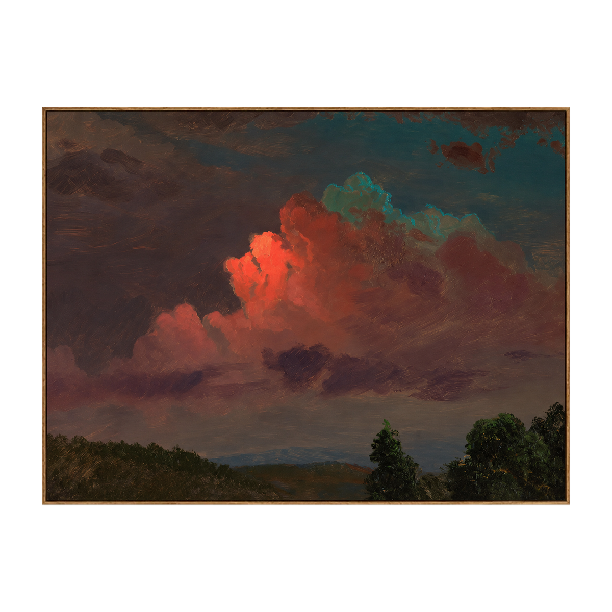 Crimson Cloudbank artwork in a natural wood frame on a transparent background.