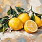 Lemon Blossom full artwork. Bright yellow lemons, a cut lemon half, and small white blossoms rest among dark green leaves on a pale textured ground.