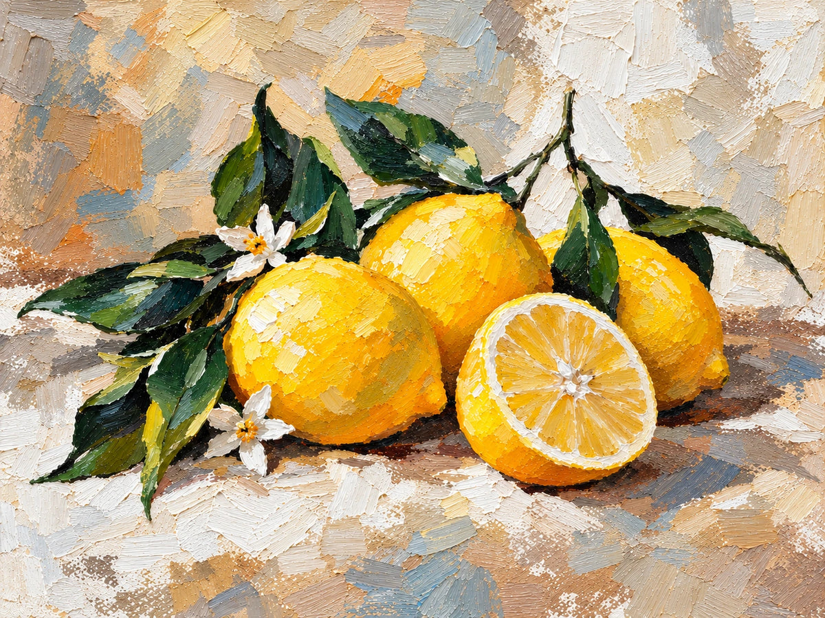 Lemon Blossom full artwork. Bright yellow lemons, a cut lemon half, and small white blossoms rest among dark green leaves on a pale textured ground.