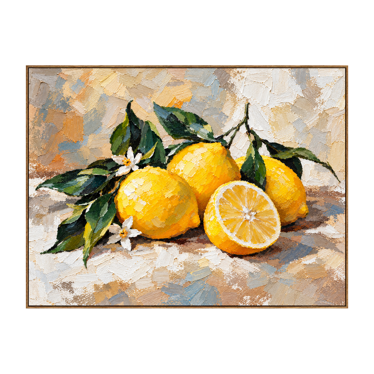Lemon Blossom artwork in a natural wood frame on a transparent background.