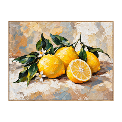 Lemon Blossom artwork in a natural wood frame on a transparent background.