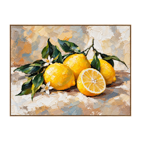 Lemon Blossom artwork in a natural wood frame on a transparent background.