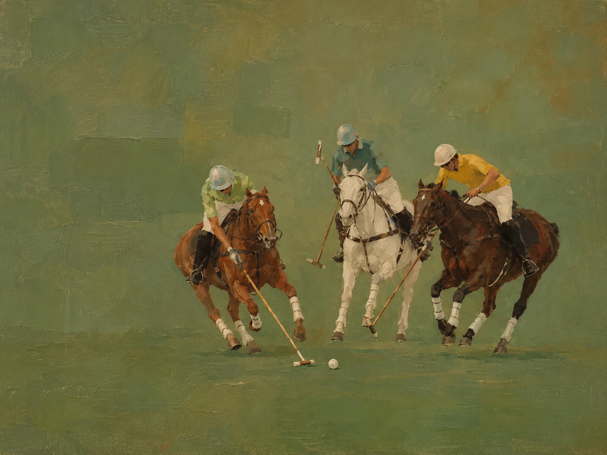 Polo Pursuit full artwork. Three mounted polo players lean into a fast-moving play across a muted green field.