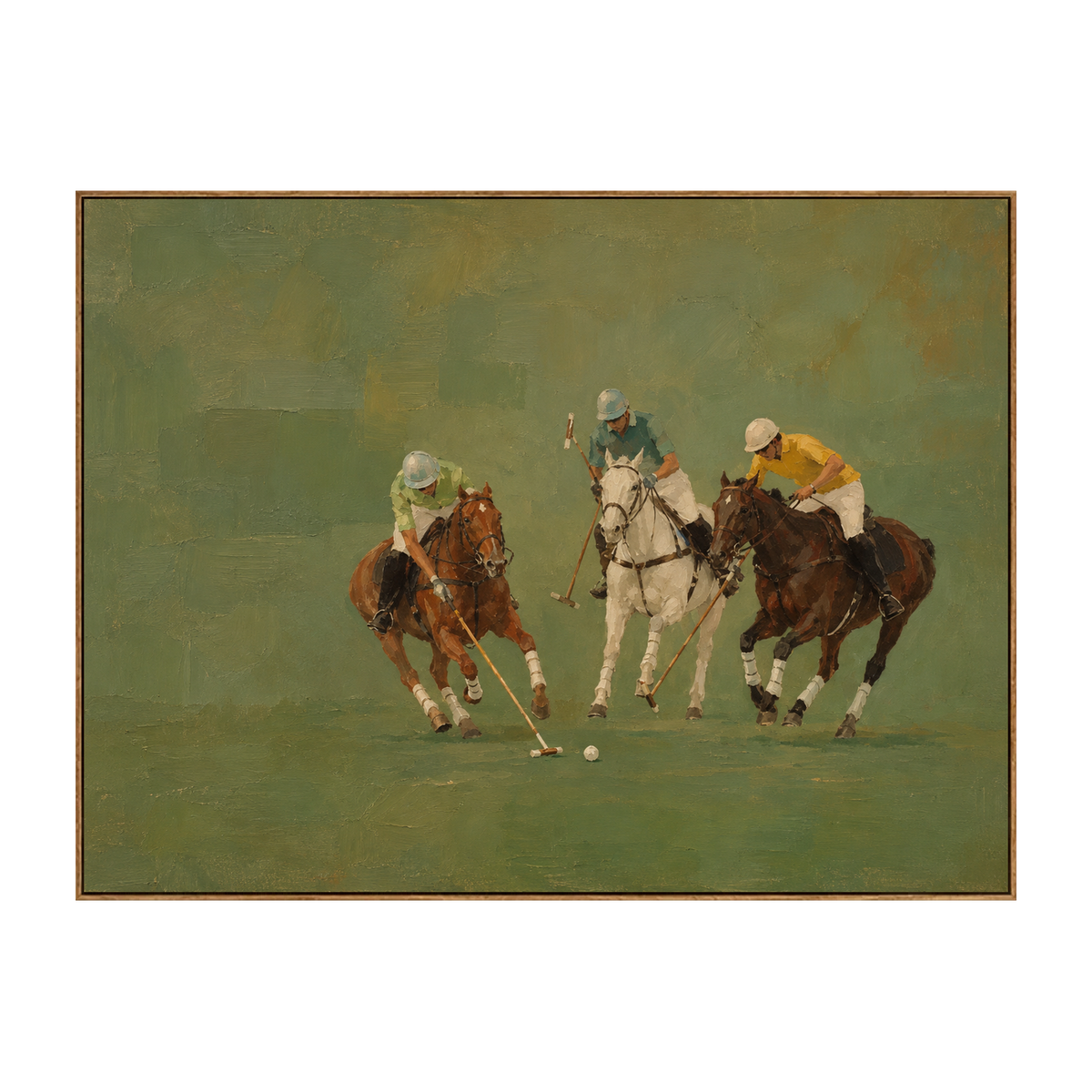 Polo Pursuit artwork in a natural wood frame on a transparent background.