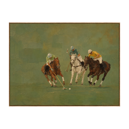 Polo Pursuit artwork in a natural wood frame on a transparent background.