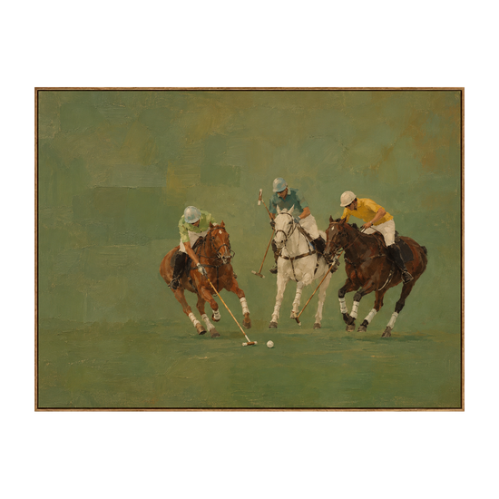 Polo Pursuit artwork in a natural wood frame on a transparent background.