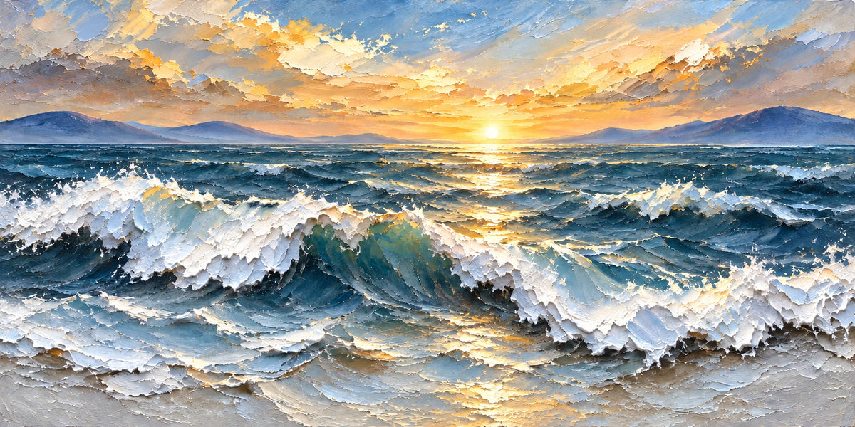 Sunbreak Surf full artwork. Sunlight breaks over distant mountains and rolling blue waves, illuminating white foam and golden reflections along the coast.