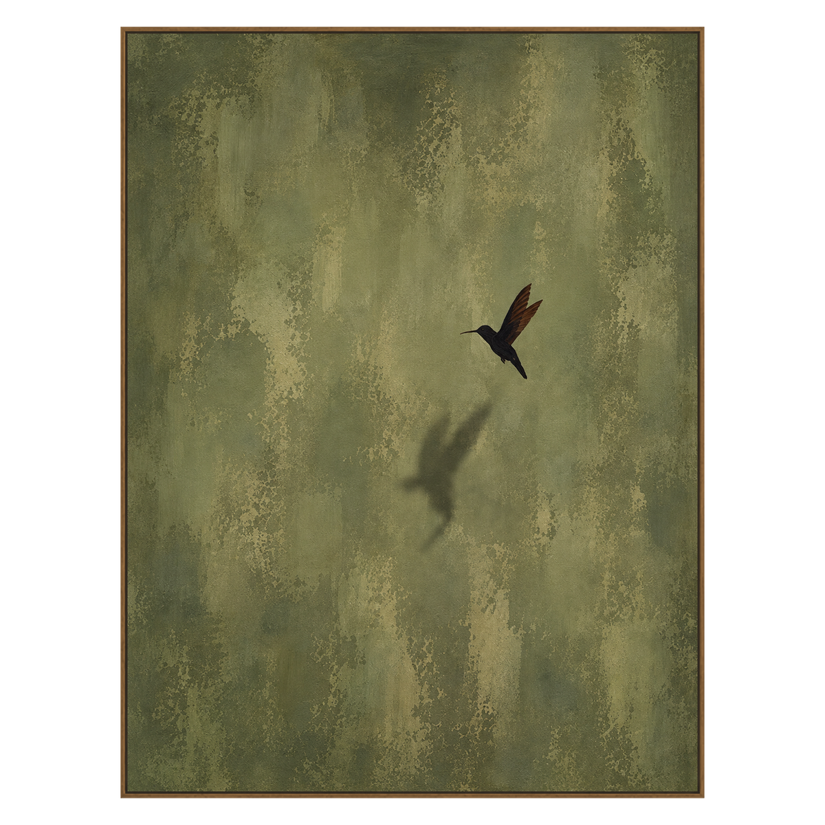 Olive Hover artwork in a natural wood frame on a transparent background.